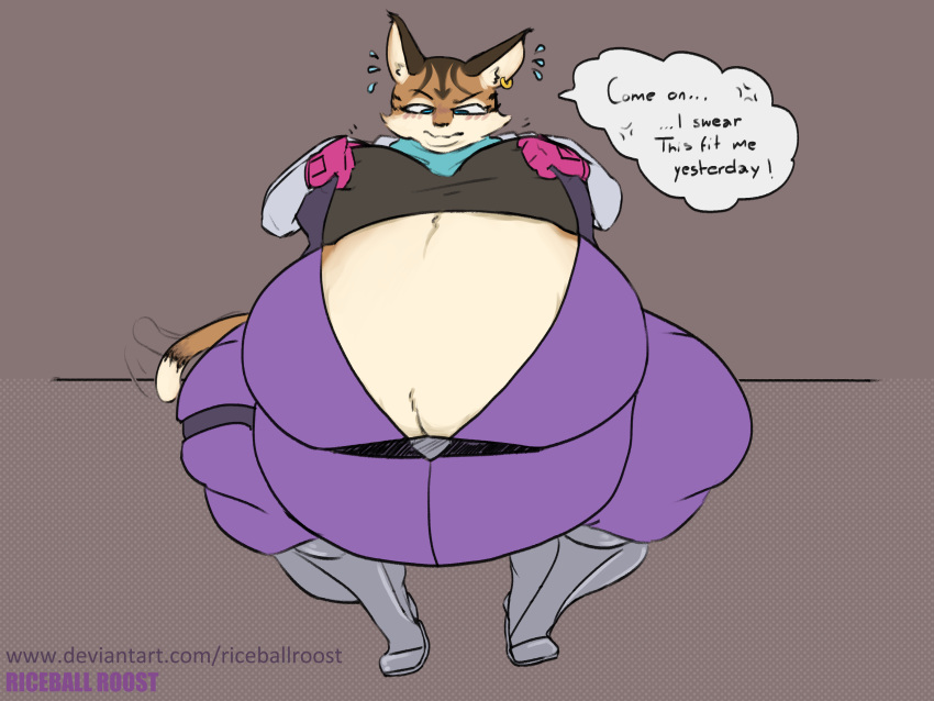 absurd_res anthro belly belt big_belly big_breasts blush bodily_fluids boots breasts clothed clothing dialogue dressing ear_piercing ear_ring english_text felid feline female flying_sweatdrops footwear fur gloves handwear hi_res lynx mammal miyu_lynx neckerchief nintendo obese obese_anthro obese_female overweight overweight_anthro overweight_female piercing ring_piercing sitting solo speech_bubble star_fox struggling struggling_to_fit sweat sweatdrop tail tail_motion tailwag tan_body tan_fur text thick_thighs tight_clothing vulpgulps wide_hips