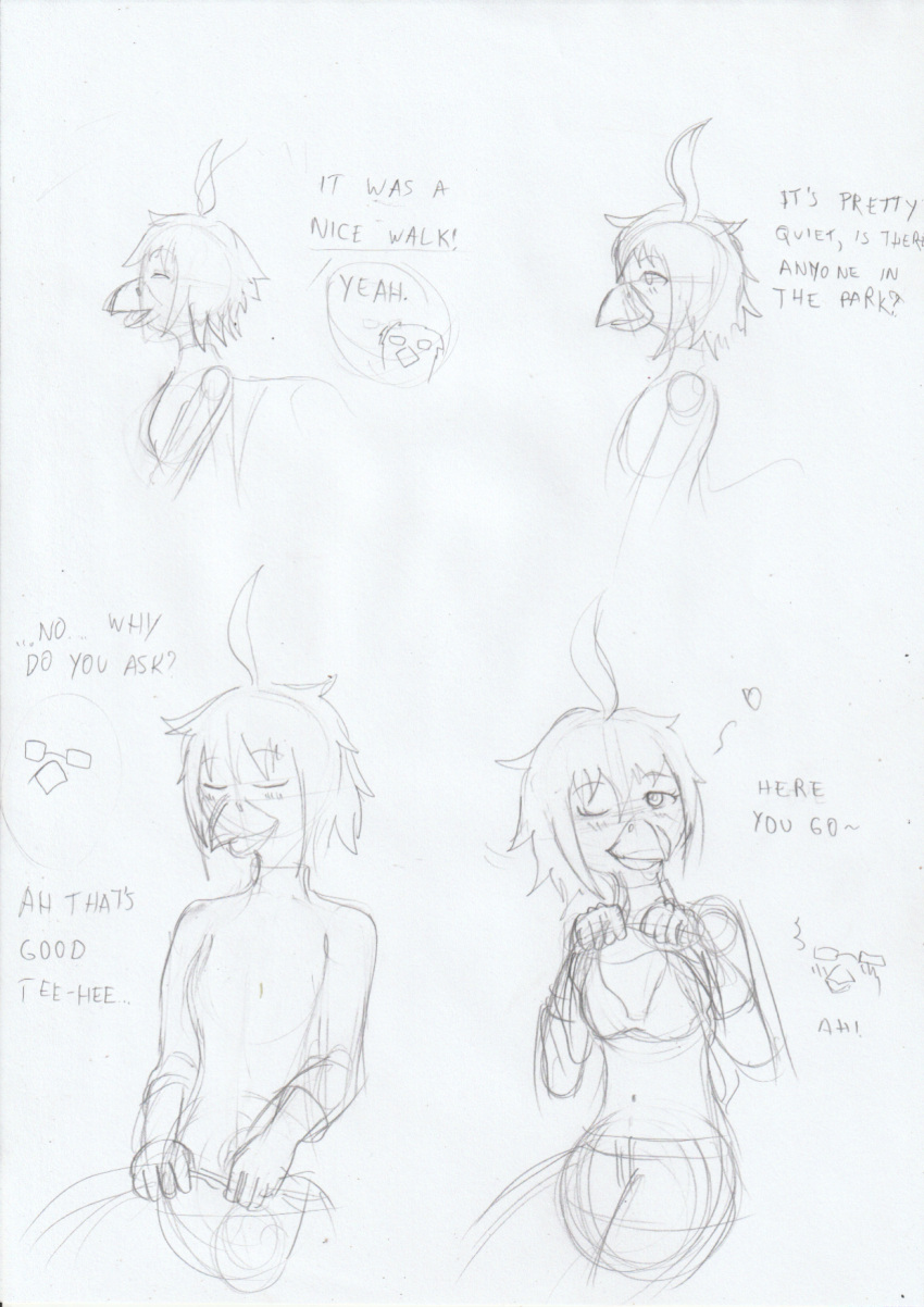 anthro arc_rose avian beak bird blind bra clothed clothing clothing_lift comic dialogue eyes_closed female flashing hi_res one_eye_closed raising_shirt sketch traditional_media_(artwork) underwear