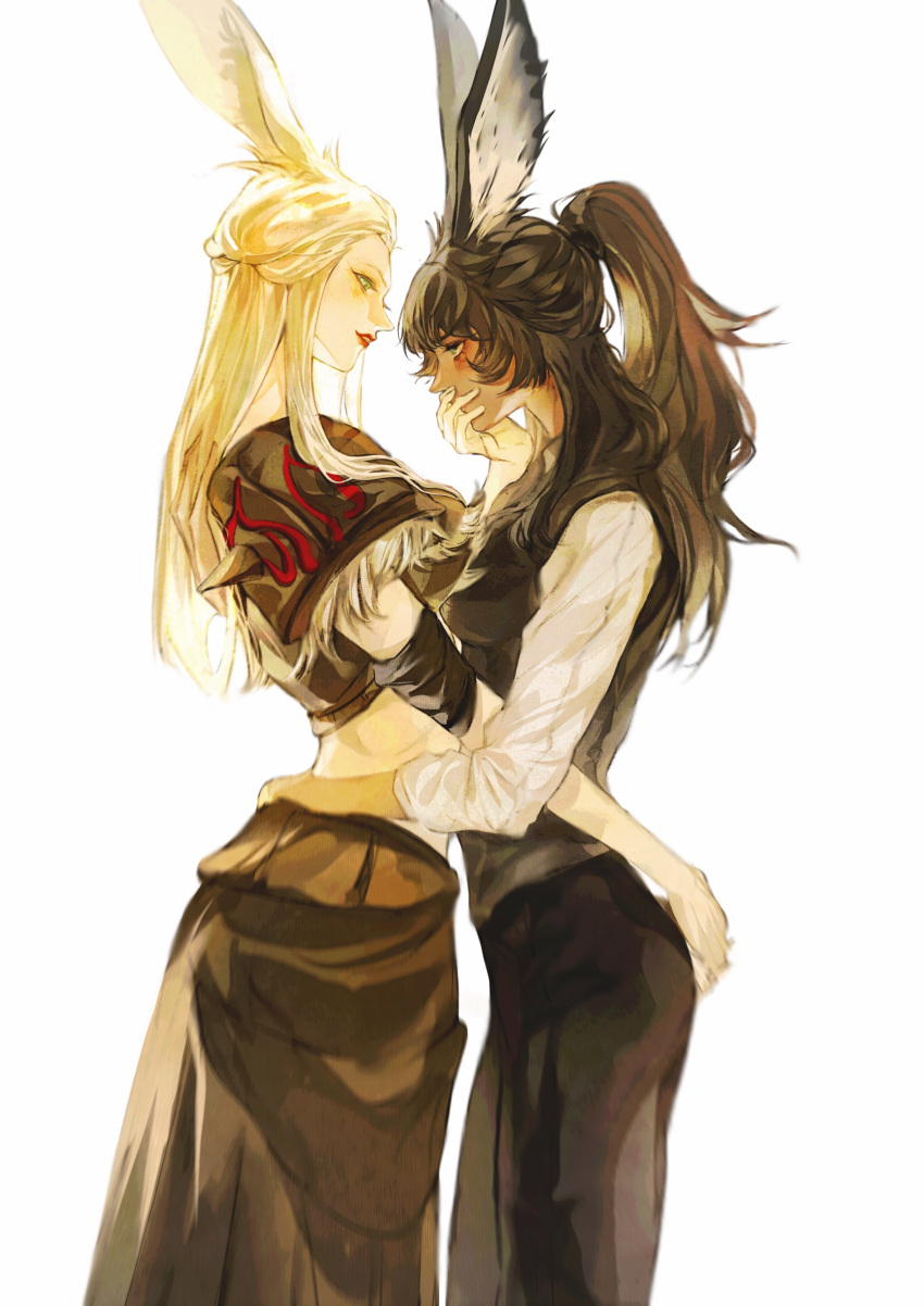 2girls absurdres animal_ear_fluff animal_ears armband armor black_pants blonde_hair blush brown_hair brown_skirt brown_vest covered_mouth covering_another's_mouth cowboy_shot crop_top erfahaima eye_contact final_fantasy final_fantasy_xiv from_side fur-trimmed_armor fur_trim green_eyes half_updo hand_on_another's_ass hand_on_another's_face hand_on_another's_waist highres long_hair looking_at_another midriff multiple_girls pants parted_lips pauldrons ponytail profile rabbit_ears red_lips shirt shoulder_armor simple_background skirt smile standing vest viera warrior_of_light_(ff14) wavy_hair white_background white_shirt yuri