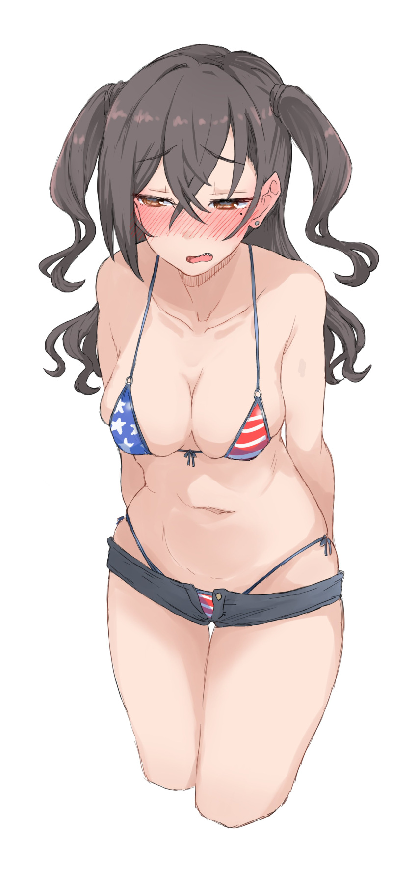 1girl absurdres american_flag_bikini bikini black_hair blush breasts brown_eyes cleavage collarbone denim denim_shorts earrings embarrassed flag_print hair_between_eyes highres idolmaster idolmaster_cinderella_girls jewelry long_hair medium_breasts micro_bikini mole mole_under_eye navel open_mouth sharp_teeth shorts side-tie_bikini_bottom simple_background solo sunazuka_akira swimsuit teeth thighs twintails wasabijoyu76