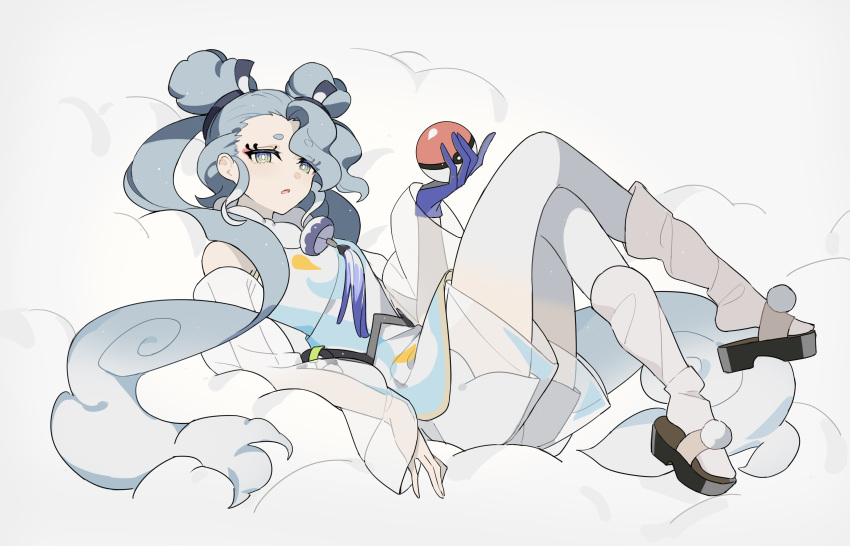 1girl absurdres blue_gloves cloud commentary detached_sleeves double_bun eyeshadow flying_miku_(project_voltage) gloves gradient_hair hair_bun hatsune_miku highres holding holding_poke_ball kazenemuri long_hair looking_at_viewer lying makeup multicolored_hair on_back open_mouth poke_ball poke_ball_(basic) pokemon project_voltage red_eyeshadow see-through_shorts shorts shorts_under_shorts single_glove solo twintails very_long_hair vocaloid white_shorts wind_chime