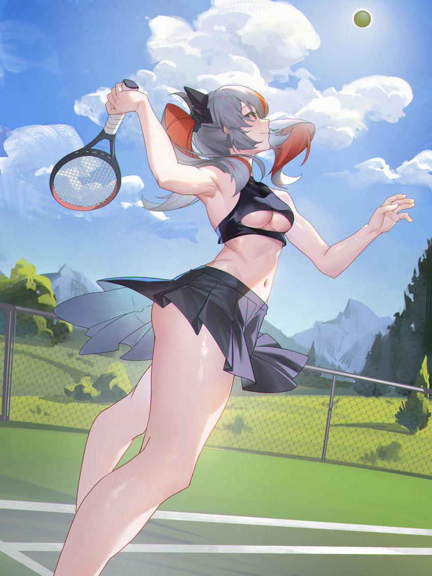 1girl absurdres alternate_costume armpits ass azur_lane ball black_skirt blue_sky breasts cloud cloudy_sky day feet_out_of_frame from_side grey_hair highres holding_tennis_racket jiangshuai_mengenze jumping medium_breasts midriff miniskirt mountain multicolored_hair net otto_von_alvensleben_(azur_lane) outdoors pleated_skirt racket red_eyes red_hair shiny_skin skirt sky sleeveless solo sportswear streaked_hair tennis_ball tennis_court tennis_racket tennis_uniform two-tone_hair underboob