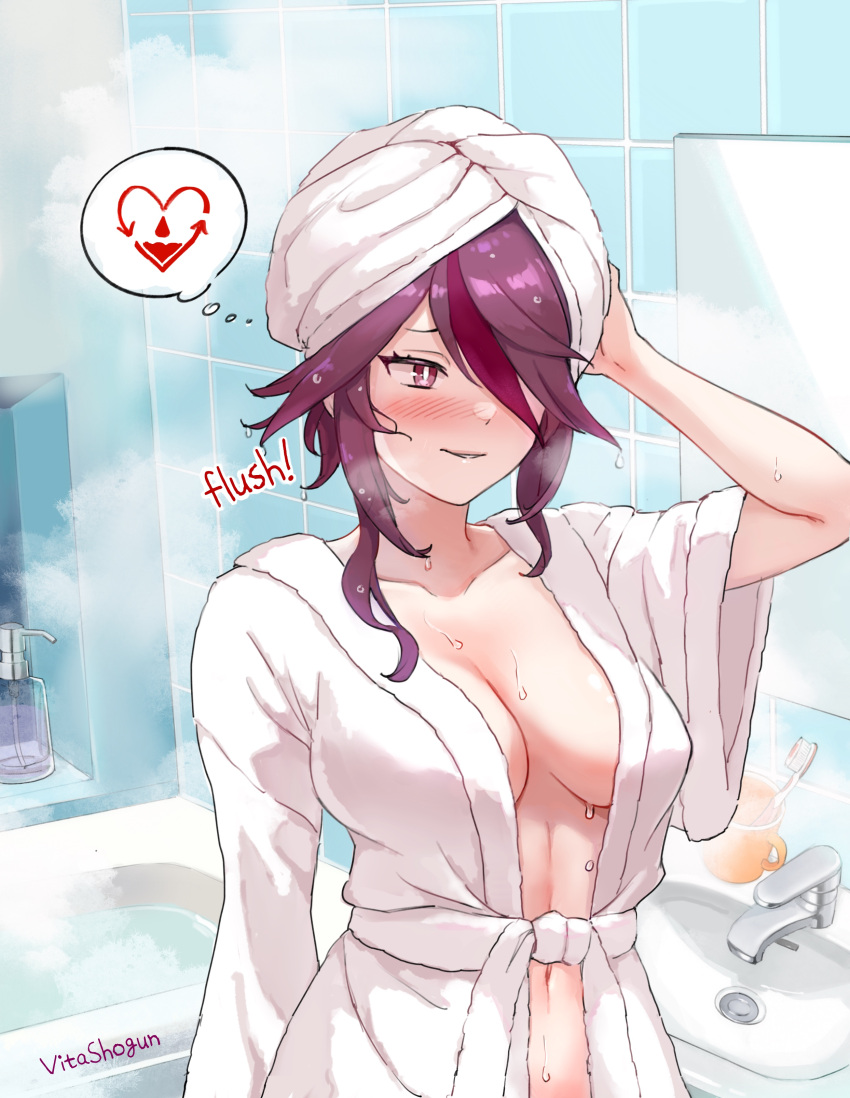 1girl absurdres after_bathing artist_name bathrobe bathroom bathtub blush breasts collarbone commentary cup english_commentary english_text genshin_impact hair_over_one_eye heart highres indoors large_breasts mirror multicolored_hair navel purple_eyes purple_hair red_hair rosaria_(genshin_impact) short_hair sidelocks sink smile solo spoken_heart steam streaked_hair thought_bubble tile_wall tiles toothbrush towel towel_on_head upper_body vitashogun water watermark wet