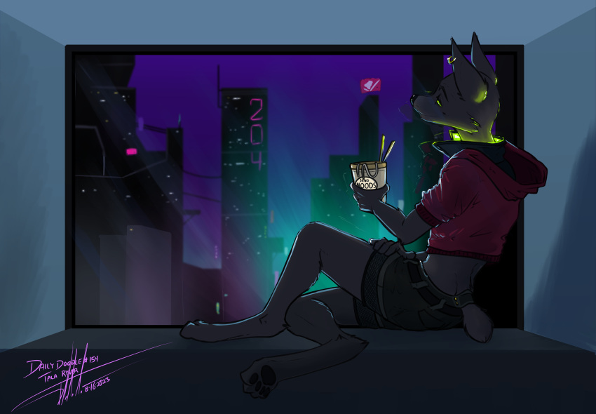 absurd_res anthro bottomwear canid canine canis city cityscape clothing commandercross cyberpunk female fur grey_body grey_fur hi_res jackal jacket mammal monokobold shorts sitting solo topwear