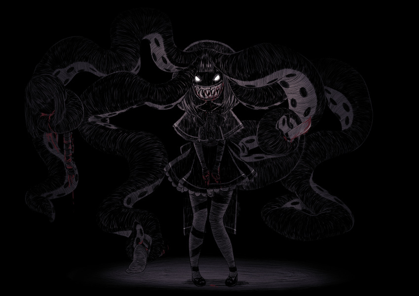 1girl absurdres bangs black_background blood blunt_bangs bow bowtie capelet dress fallenshadow full_body glowing glowing_eyes guro hat highres holding_head horror_(theme) indie_virtual_youtuber knife looking_at_viewer medium_hair nightmare renpc sharp_teeth shoes solo spine standing teeth tentacles white_eyes