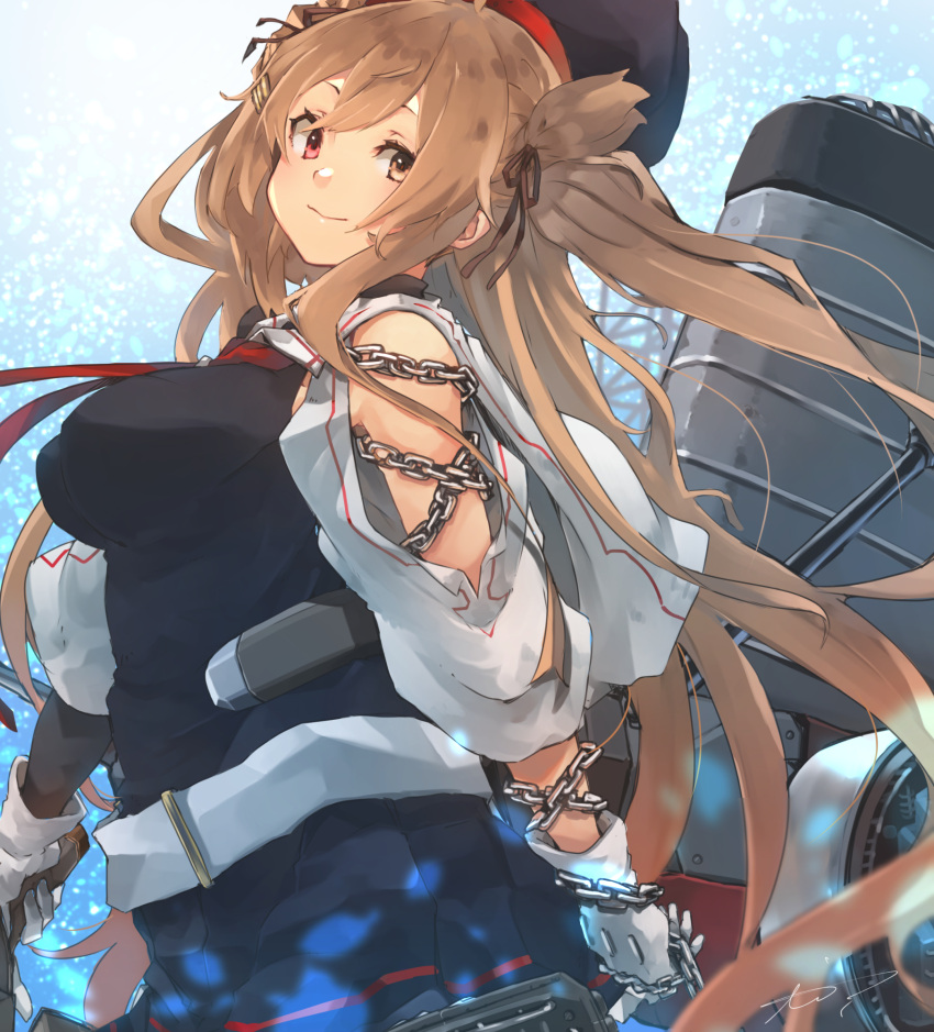 1girl asymmetrical_clothes black_ribbon black_serafuku black_skirt brown_eyes chain gloves hair_flaps hair_ribbon heterochromia highres kantai_collection light_brown_hair long_hair machinery murasame_(kancolle) murasame_kai_ni_(kancolle) neck_ribbon pleated_skirt red_eyes red_ribbon ribbon school_uniform serafuku skirt smokestack solo sunday_aki twintails two_side_up white_gloves