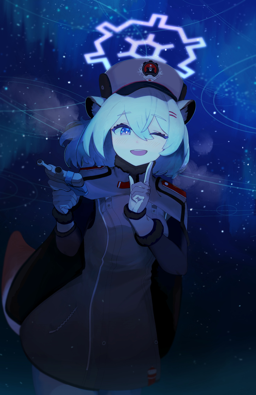 1girl absurdres animal_ears blue_archive bonefire0909 cape dress flask gloves green_hair grey_dress grey_gloves halo highres night night_sky one_eye_closed purple_eyes shigure_(blue_archive) sky visible_air