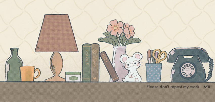 :o artist_name ayu_(mog) blush blush_stickers book bottle box commentary_request cup desk_lamp english_commentary flower glasses lamp looking_at_viewer marker mixed-language_commentary mouse mug no_humans original pen phone pink_flower plant rotary_phone round_eyewear scissors shelf sitting solid_circle_eyes solo vase watermark