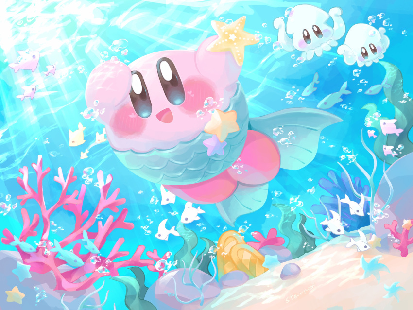 :d blue_eyes blush commentary_request copy_ability coral fins fish fish_tail highres holding kirby kirby_(series) light_rays no_humans open_mouth rock sand sea_anemone seafloor seaweed smile squid squishy_(kirby) star_(symbol) starfish stern_(stern_dream) sunlight swimming tail underwater