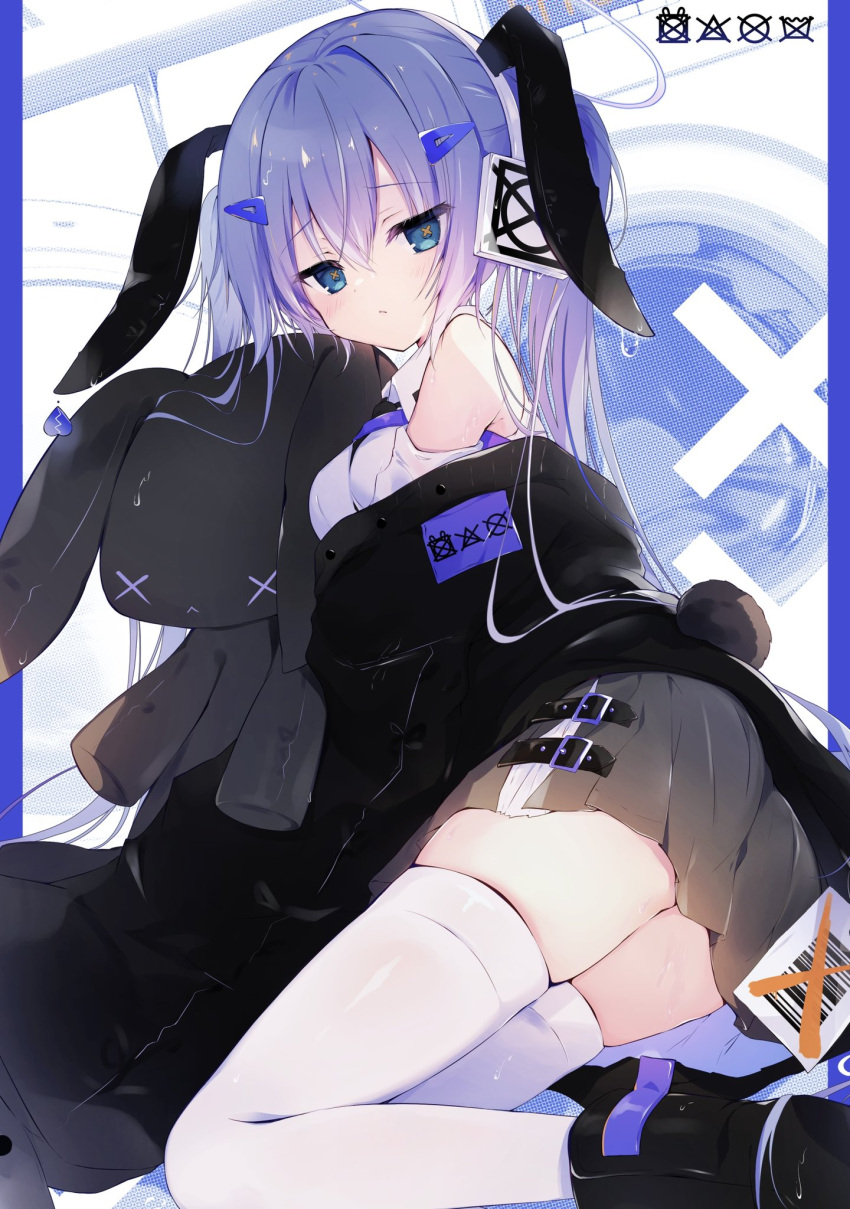 1girl :&lt; animal_ears ass barcode bare_shoulders black_footwear black_jacket black_necktie blue_eyes blue_hair boots breasts care_label closed_mouth collared_shirt commentary_request fake_animal_ears gradient_hair grey_skirt hair_intakes hair_ornament hairclip halo headphones highres jacket looking_at_viewer looking_to_the_side medium_breasts muku_(apupop) multicolored_hair necktie object_hug official_alternate_costume open_clothes open_jacket original pleated_skirt purple_hair rabbit_ears rabbit_tail shirt skirt sleeveless sleeveless_shirt solo stuffed_animal stuffed_rabbit stuffed_toy symbol-shaped_pupils tail thighhighs thighhighs_under_boots twintails washing_machine white_shirt white_thighhighs x-shaped_pupils x_x