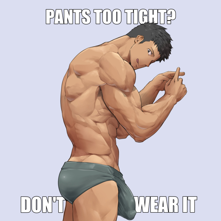1boy :q abs absurdres ass bara bulge covered_penis crossed_fingers english_text feet_out_of_frame from_side green_male_underwear highres i've_never_seen_a_guy_recreate_this_successfully_tbh_(meme) long_sideburns looking_at_viewer male_focus male_underwear meme muscular muscular_male original riegaiestige short_hair sideburns solo stomach tongue tongue_out topless_male underwear underwear_only x_fingers