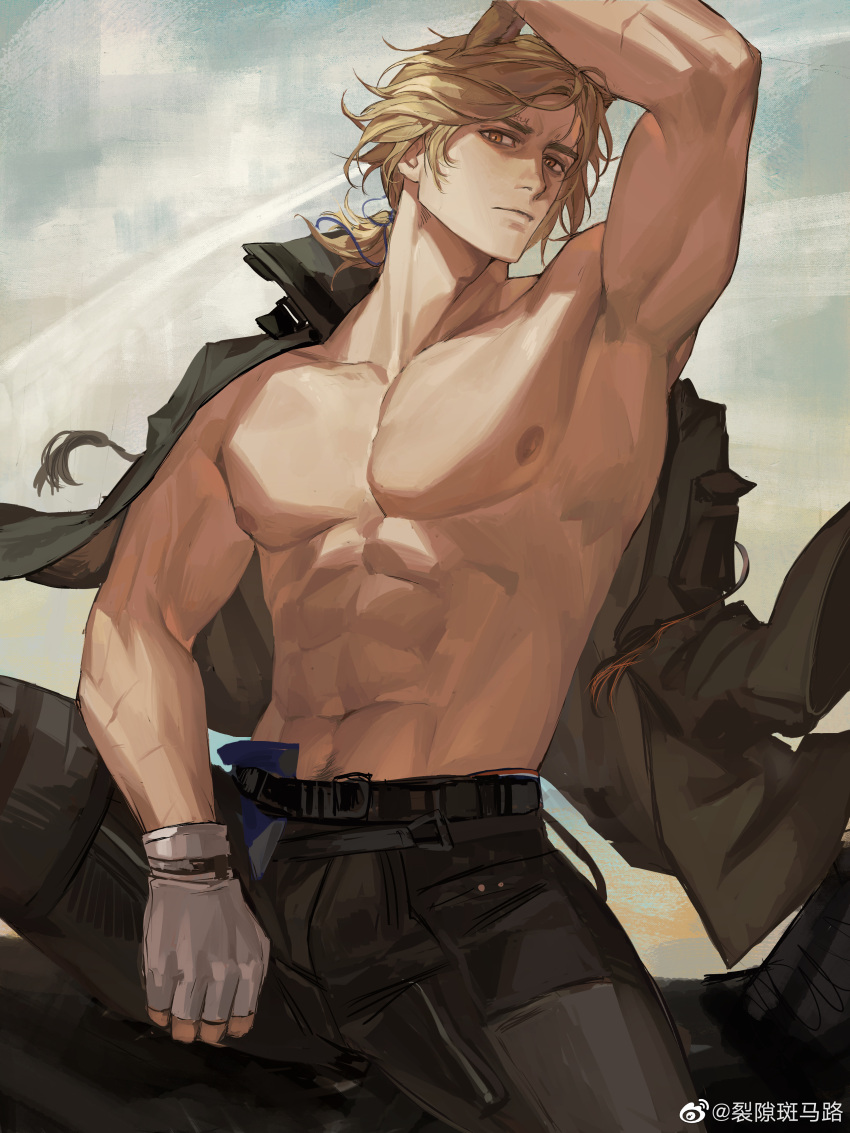 1boy abs absurdres aixiwuganda_(20222192) animal_ears arknights arm_over_head armpits bara blonde_hair closed_mouth head_tilt highres horse_boy horse_ears horse_tail jacket jacket_on_shoulders large_pectorals long_hair looking_at_viewer male_focus mlynar_(arknights) muscular muscular_male navel navel_hair nipples no_shirt pectorals shirt solo spread_legs stomach tail thick_eyebrows yellow_eyes