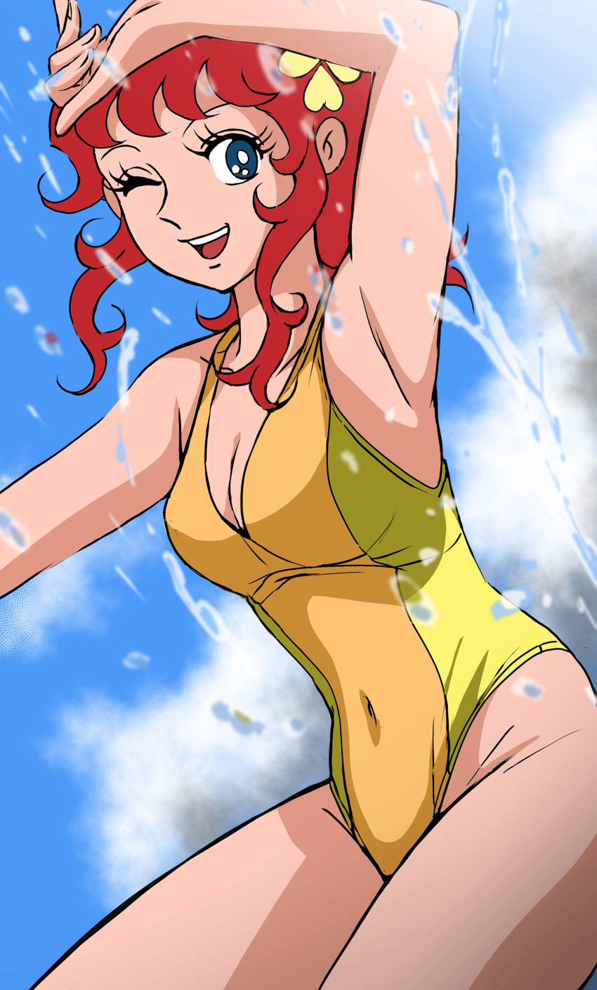 1girl absurdres arm_up blue_eyes breasts cloud cloudy_sky collarbone flower hair_flower hair_ornament highres kanzaki_megu looking_at_viewer majokko_megu-chan masaaki_endo one-piece_swimsuit one_eye_closed open_mouth red_hair sky smile solo standing swimsuit teeth upper_teeth_only water_drop yellow_one-piece_swimsuit