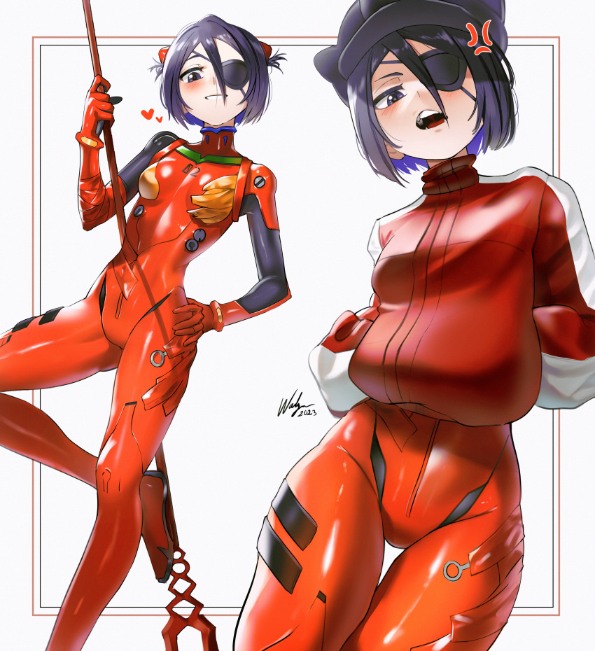 1girl absurdres black_eyes black_hair bleach bodysuit cosplay eyepatch hairpods highres jacket kuchiki_rukia looking_at_viewer multicolored_bodysuit multicolored_clothes neon_genesis_evangelion orange_bodysuit pilot_suit red_bodysuit red_jacket short_hair skin_tight solo souryuu_asuka_langley souryuu_asuka_langley_(cosplay) track_jacket waligner