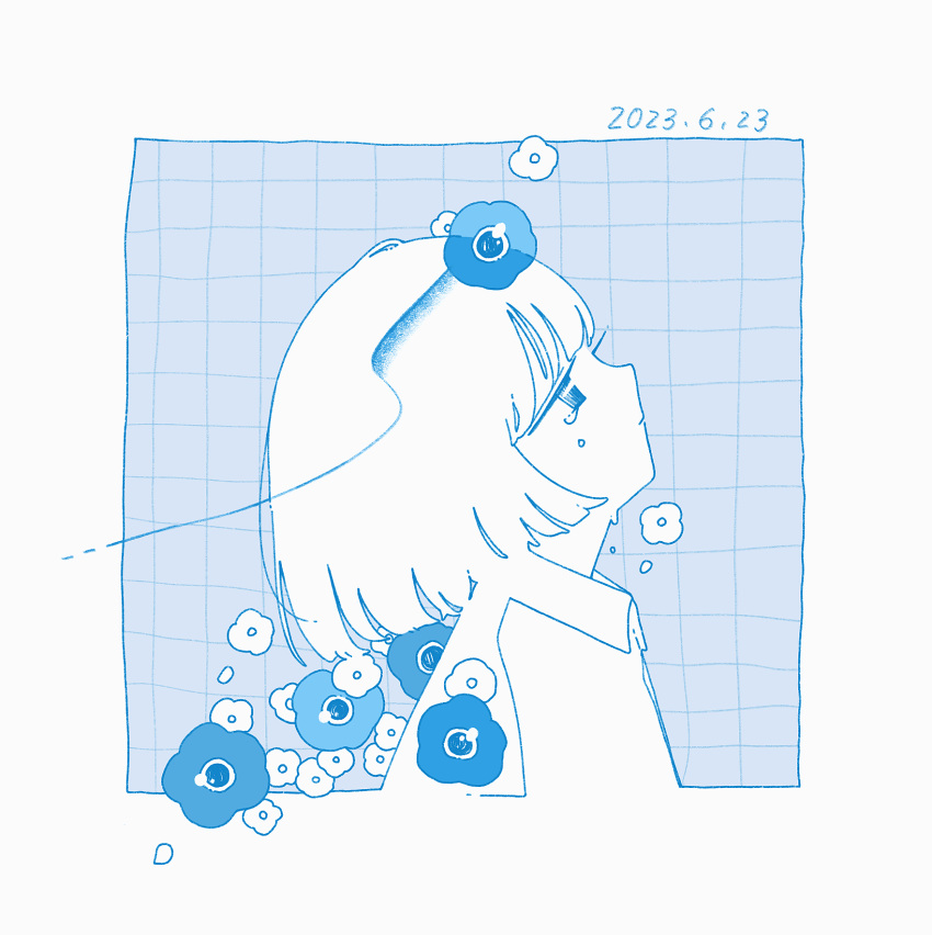 1girl blue_theme blunt_bangs blunt_ends border closed_mouth collared_shirt crying crying_with_eyes_open dated flower from_side grid_background highres looking_up monochrome original outside_border shirt short_hair solo sskitaco tears upper_body white_border