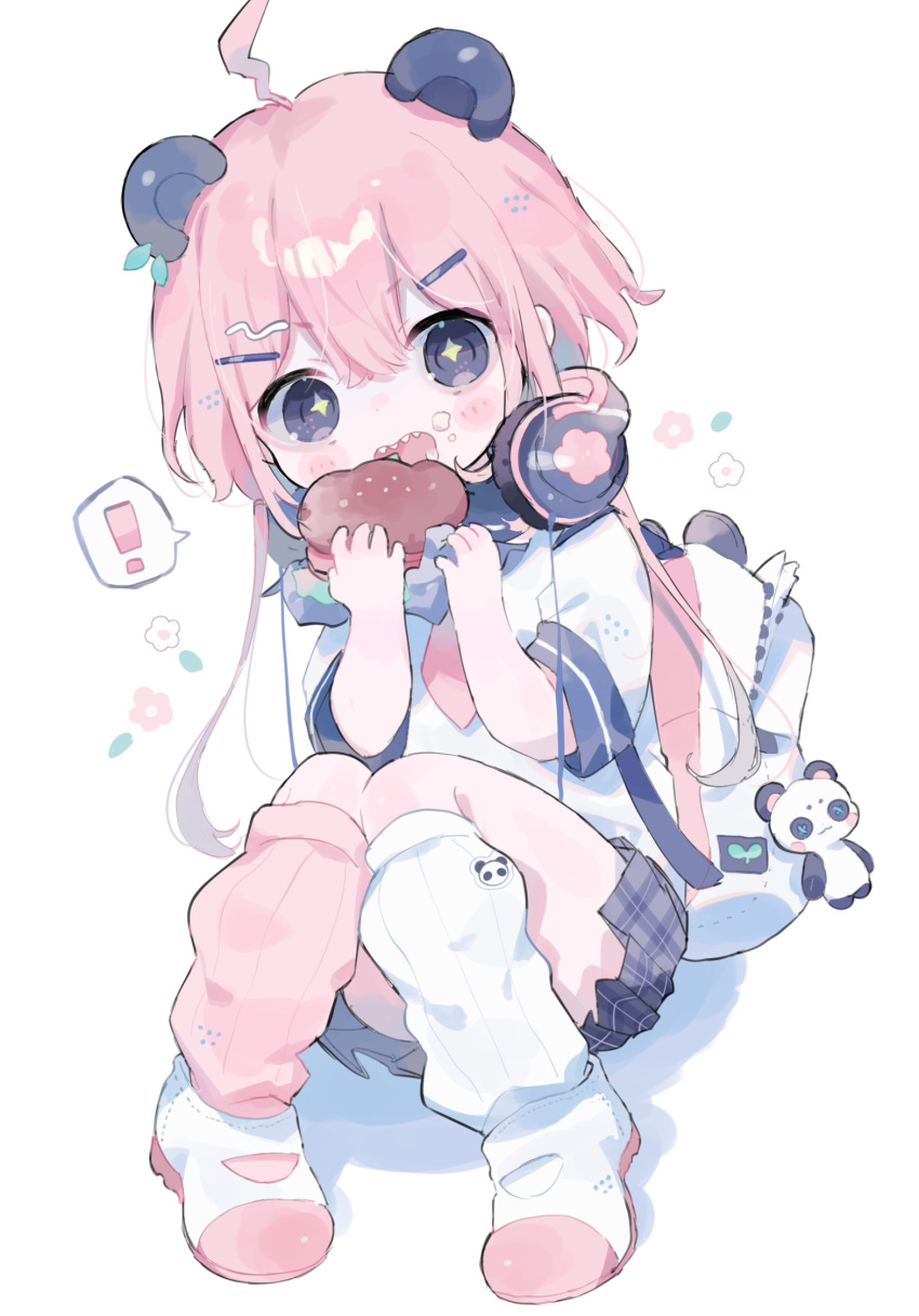 ! 1girl ahoge animal_ears asymmetrical_legwear backpack bag bear_ears bear_girl black_eyes blue_sailor_collar blue_skirt cotono_(nazekun) diamond-shaped_pupils diamond_(shape) eating hair_between_eyes hair_ornament hairclip head_tilt headphones headphones_around_neck highres knees_together_feet_apart loose_socks miniskirt mismatched_legwear necktie original pink_hair pink_socks plaid plaid_skirt pleated_skirt red_necktie ribbed_socks sailor_collar school_uniform serafuku sharp_teeth shirt shoes short_hair short_sleeves sidelocks simple_background sitting skirt socks solo spoken_exclamation_mark symbol-shaped_pupils teeth white_background white_footwear white_shirt white_socks