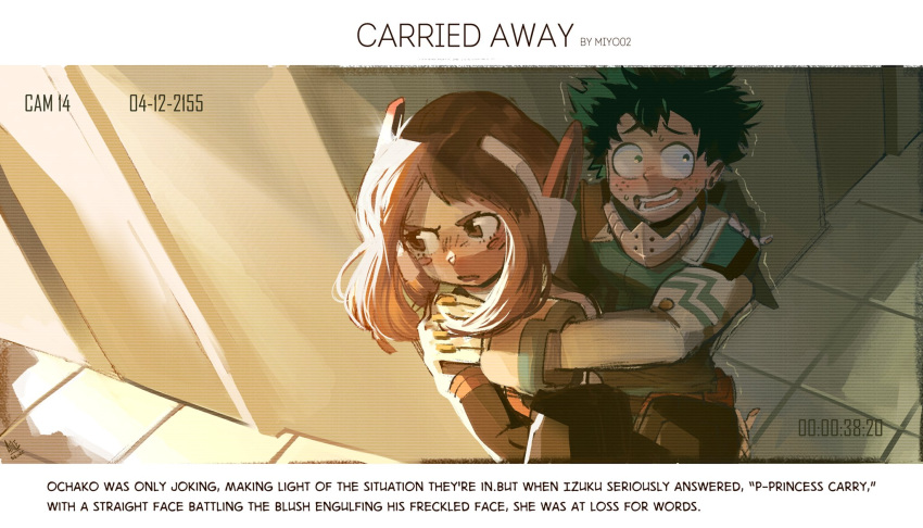 1boy 1girl aioles blush boku_no_hero_academia brown_eyes brown_hair carrying couple english_text freckles green_eyes green_hair highres holding midoriya_izuku the_lovers_(tarot) uraraka_ochako