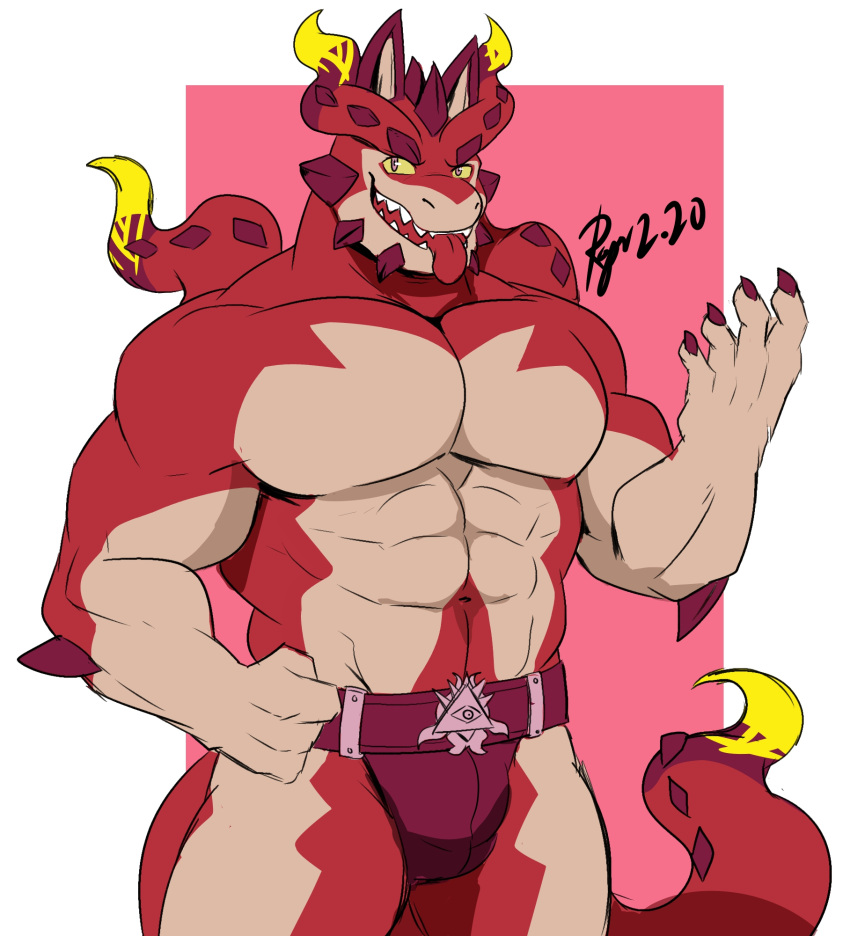 abs anthro biceps bulge clothed clothing cthugha_(tas) dragon hi_res lifewonders lofnirv looking_at_viewer male muscular muscular_anthro muscular_male pecs red_body solo tentacles tokyo_afterschool_summoners topless underwear underwear_only