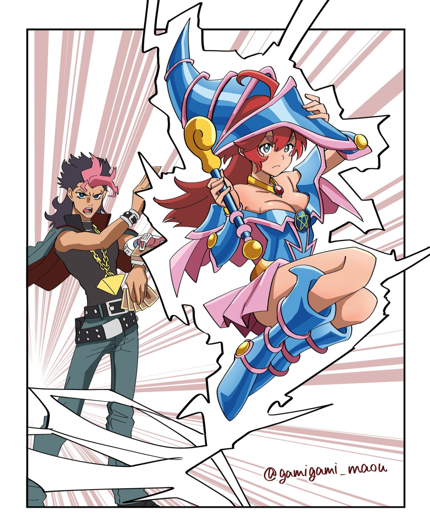 1boy ahoge aqua_eyes black_hair breasts card cleavage collarbone commentary cosplay dark_magician_girl dark_magician_girl_(cosplay) duel_disk duel_monster gamigami_maou_(artist) guel_jeturk gundam gundam_suisei_no_majo hair_down hat highres holding holding_card holding_wand long_hair medium_breasts millennium_puzzle multicolored_hair mutou_yuugi mutou_yuugi_(cosplay) parody pink_hair red_hair suletta_mercury summoning thick_eyebrows twitter_username two-tone_hair wand wizard_hat yami_yuugi yami_yuugi_(cosplay) yu-gi-oh! yu-gi-oh!_duel_monsters
