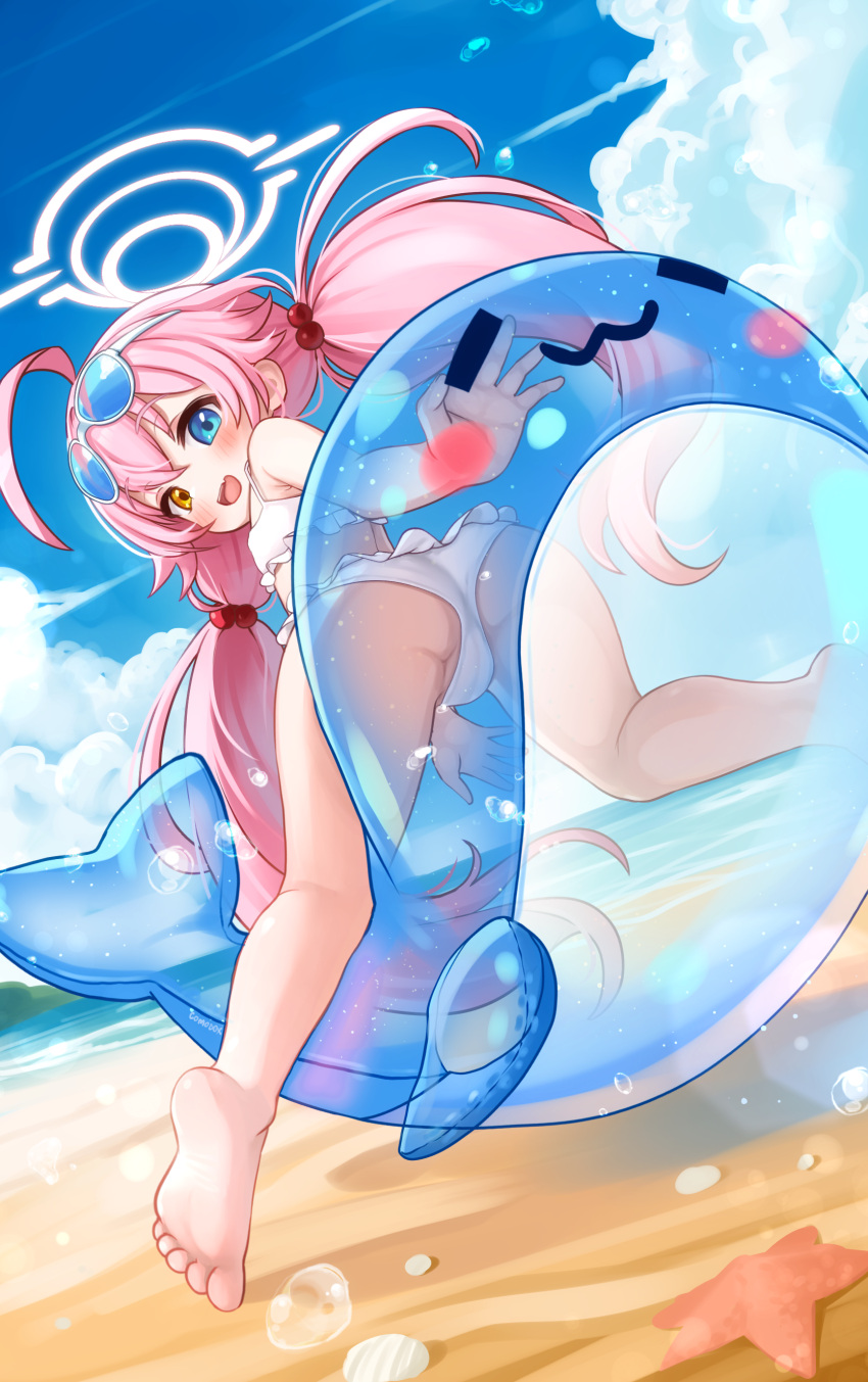 1girl absurdres ass beach bikini blue-tinted_eyewear blue_archive blue_eyes blue_jacket blush cameltoe comodomodo eyewear_on_head frilled_bikini frills hair_bobbles hair_ornament halo heterochromia highres hoshino_(blue_archive) hoshino_(swimsuit)_(blue_archive) inflatable_toy inflatable_whale jacket long_hair looking_at_viewer looking_back low_twintails outdoors pink_hair pink_halo sand see-through solo stuffed_whale sunglasses swimsuit tinted_eyewear twintails white-framed_eyewear white_bikini yellow_eyes