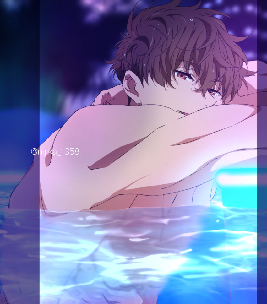 1boy blurry blurry_background brown_hair commentary_request free! highres kirishima_natsuya male_focus muscular nijika_(key_628194) open_mouth partial_commentary pool short_hair solo topless_male twitter_username upper_body water