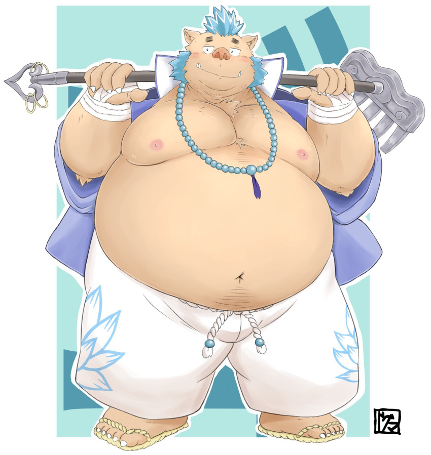 anthro belly blue_hair blush brown_body brown_fur clothing doguma-sin footwear fur gouryou hair hi_res jewelry lifewonders male mammal monk navel necklace nipples overweight rake sandals snout solo suid suina sus_(pig) tokyo_afterschool_summoners tools wild_boar