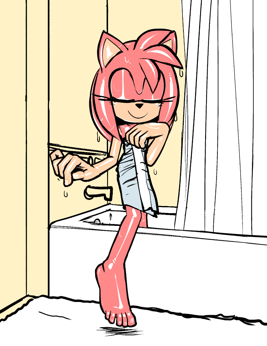 2023 5_toes absurd_res after_shower amy_rose anthro dripping eulipotyphlan eyes_closed feet female fur hedgehog hi_res humanoid_feet lettuce_(artist) mammal pink_body pink_fur plantigrade sega smile solo sonic_the_hedgehog_(series) toes towel towel_only wet