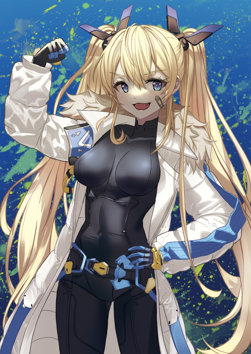 1girl :3 :d absurdres bandaid bandaid_on_cheek bandaid_on_face belt black_bodysuit black_gloves blonde_hair blue_eyes bodysuit breasts coat commentary covered_collarbone covered_navel cowboy_shot disgustingtokki fang flexing fur-trimmed_coat fur_trim gloves goddess_of_victory:_nikke hair_between_eyes hand_on_own_hip headgear highres laplace_(nikke) long_hair long_sleeves looking_at_viewer medium_breasts open_clothes open_coat open_mouth sidelocks smile solo standing twintails two-tone_gloves white_coat