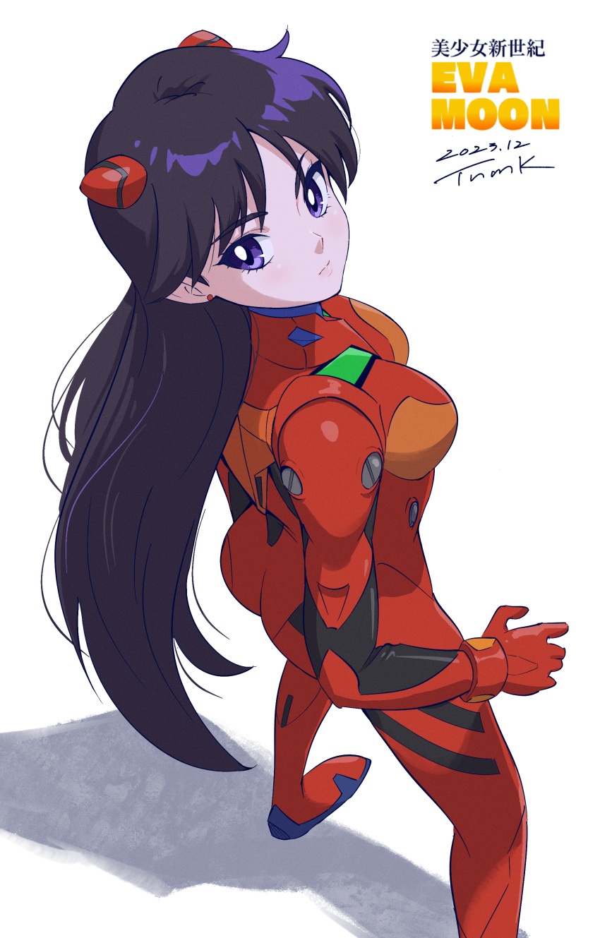 1girl absurdres ass bishoujo_senshi_sailor_moon black_hair bodysuit bracer breasts cosplay earrings hairpods highres hino_rei interface_headset jewelry long_hair neon_genesis_evangelion pilot_suit plugsuit purple_eyes red_bodysuit small_breasts solo souryuu_asuka_langley souryuu_asuka_langley_(cosplay) standing stud_earrings tsunemoku very_long_hair