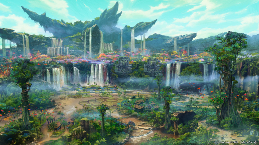artist_request blue_sky building cliff cloud company_name copyright copyright_name day final_fantasy final_fantasy_xiv forest from_above highres landscape nature no_humans official_art outdoors scenery simple_bird sky tree water waterfall