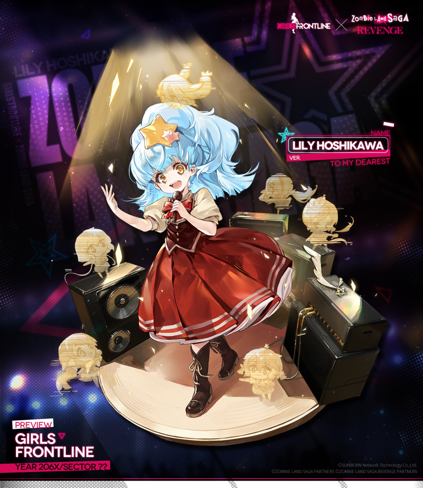 1girl blue_hair boots bow bowtie brown_footwear character_name chibi commentary copyright_name cui_pi_zha_xia_qiu dress english_commentary english_text full_body girls'_frontline hair_ornament hands_up highres holding holding_microphone hologram hoshikawa_lily konno_junko light_blue_hair light_rays long_hair looking_at_viewer microphone minamoto_sakura mini_person minigirl mizuno_ai nikaidou_saki no_socks official_alternate_costume official_art open_mouth promotional_art puffy_short_sleeves puffy_sleeves red_bow red_bowtie red_dress shirt short_sleeves smile solo stage standing star_(symbol) star_hair_ornament stereo teeth upper_teeth_only white_shirt wire yamada_tae yellow_eyes yuugiri_(zombie_land_saga) zombie_land_saga