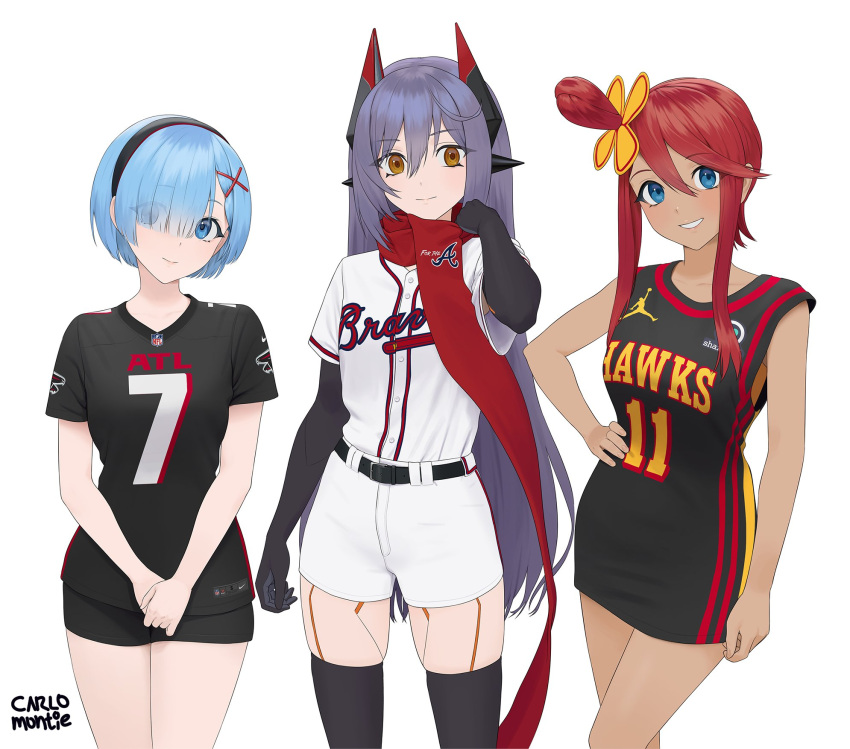 3girls arm_at_side artist_name atlanta_braves atlanta_falcons atlanta_hawks baseball_jersey baseball_uniform basketball_jersey belt black_belt black_hairband black_shirt black_shorts black_thighhighs blue_eyes blue_hair carlo_montie character_request closed_mouth commission copyright_request cowboy_shot crossover eyes_visible_through_hair grin hair_between_eyes hair_ornament hair_over_one_eye hairband hand_on_own_hip hand_up highres long_hair looking_at_viewer multiple_girls number_print one_side_up own_hands_together pokemon purple_hair re:zero_kara_hajimeru_isekai_seikatsu red_hair red_scarf rem_(re:zero) scarf shirt shirt_tucked_in short_hair short_hair_with_long_locks short_sleeves shorts simple_background skyla_(pokemon) sleeveless sleeveless_shirt smile sportswear thighhighs v_arms very_long_hair white_background white_shirt white_shorts white_thighhighs x_hair_ornament yellow_eyes