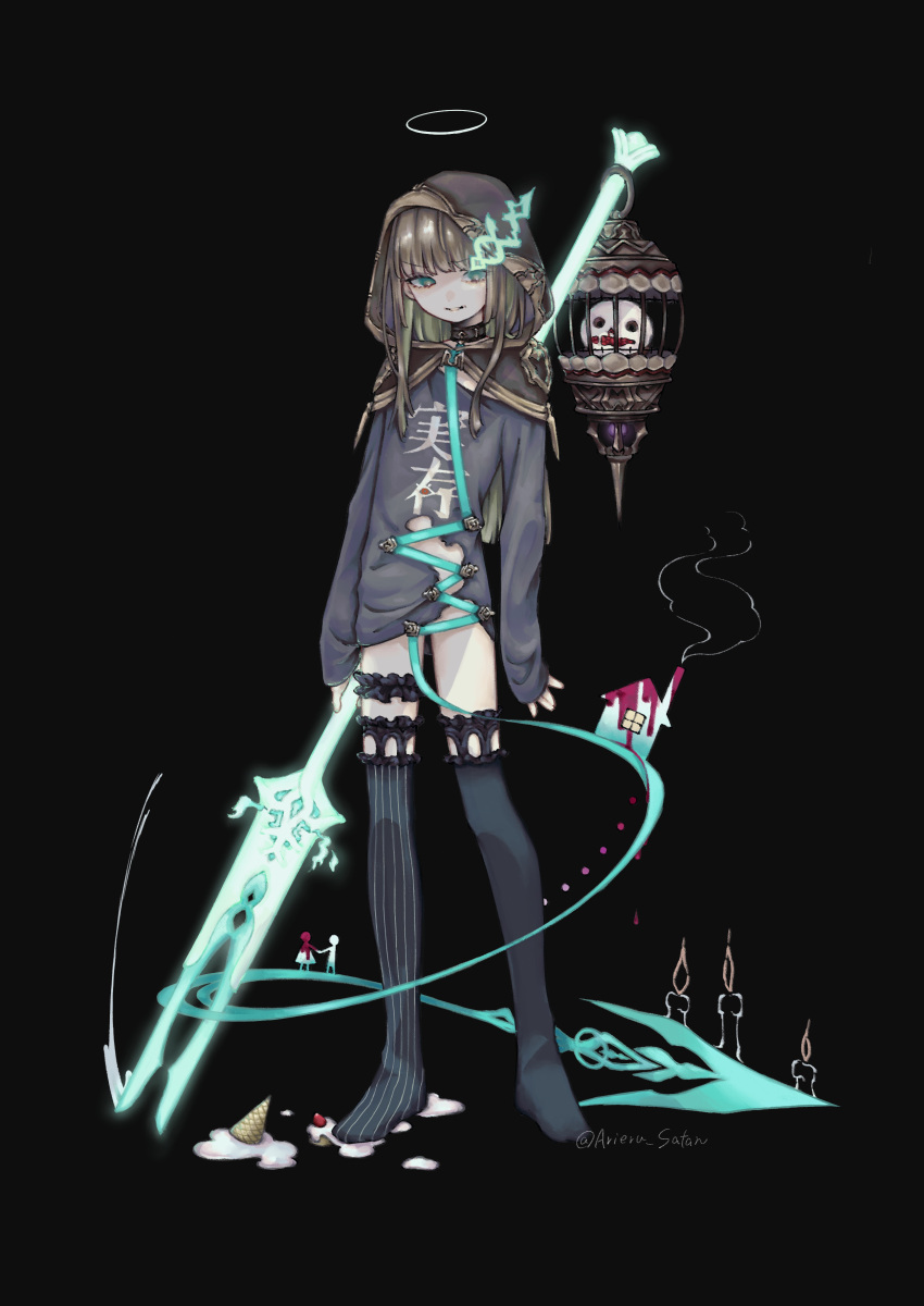 1boy absurdres arieru_satan arms_at_sides bident black_background black_thighhighs blonde_hair bottomless bridal_garter burnt_clothes cage candle capelet clothes_writing collar colored_inner_hair cream creature dropping food glowing glowing_weapon green_hair gretel_(sinoalice) grey_capelet grey_shirt grey_thighhighs halo headgear highres holding holding_polearm holding_weapon hood hood_up hooded_capelet house ice_cream leash legs_apart legs_up legwear_garter looking_at_viewer male_focus melting multicolored_hair no_shoes off_shoulder otoko_no_ko parted_lips pinstripe_thighhighs polearm shirt silhouette simple_background sinoalice sleeves_past_wrists smoke solo straight_hair string thighhighs torn_clothes torn_shirt twitter_username two-tone_hair weapon