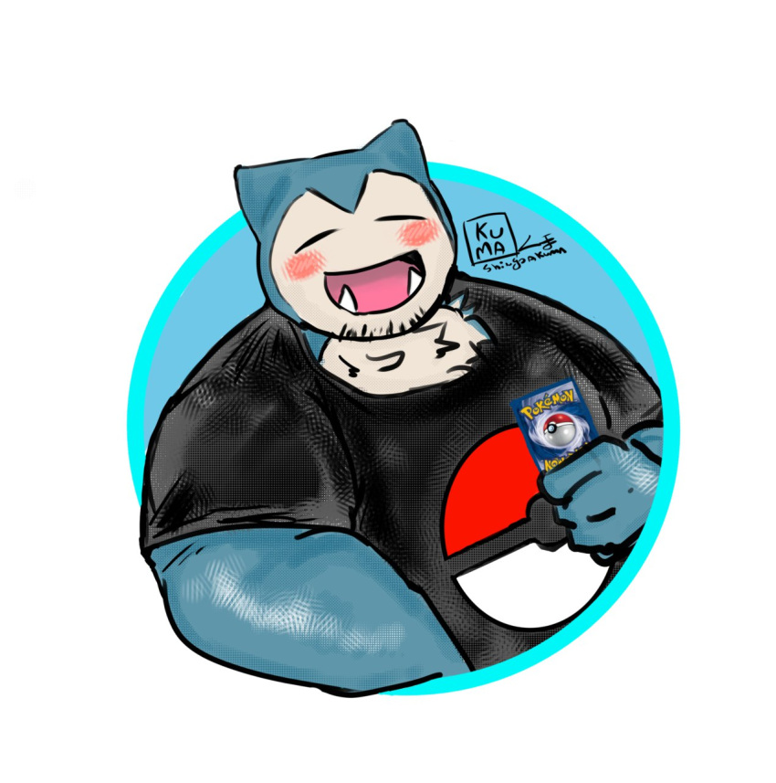 anthro black_clothing black_shirt black_topwear blue_body circle clothing generation_1_pokemon hi_res male nintendo overweight overweight_male pokeball pokemon pokemon_(species) pokemon_card shingoakuma shirt snorlax solo topwear trading_card_game