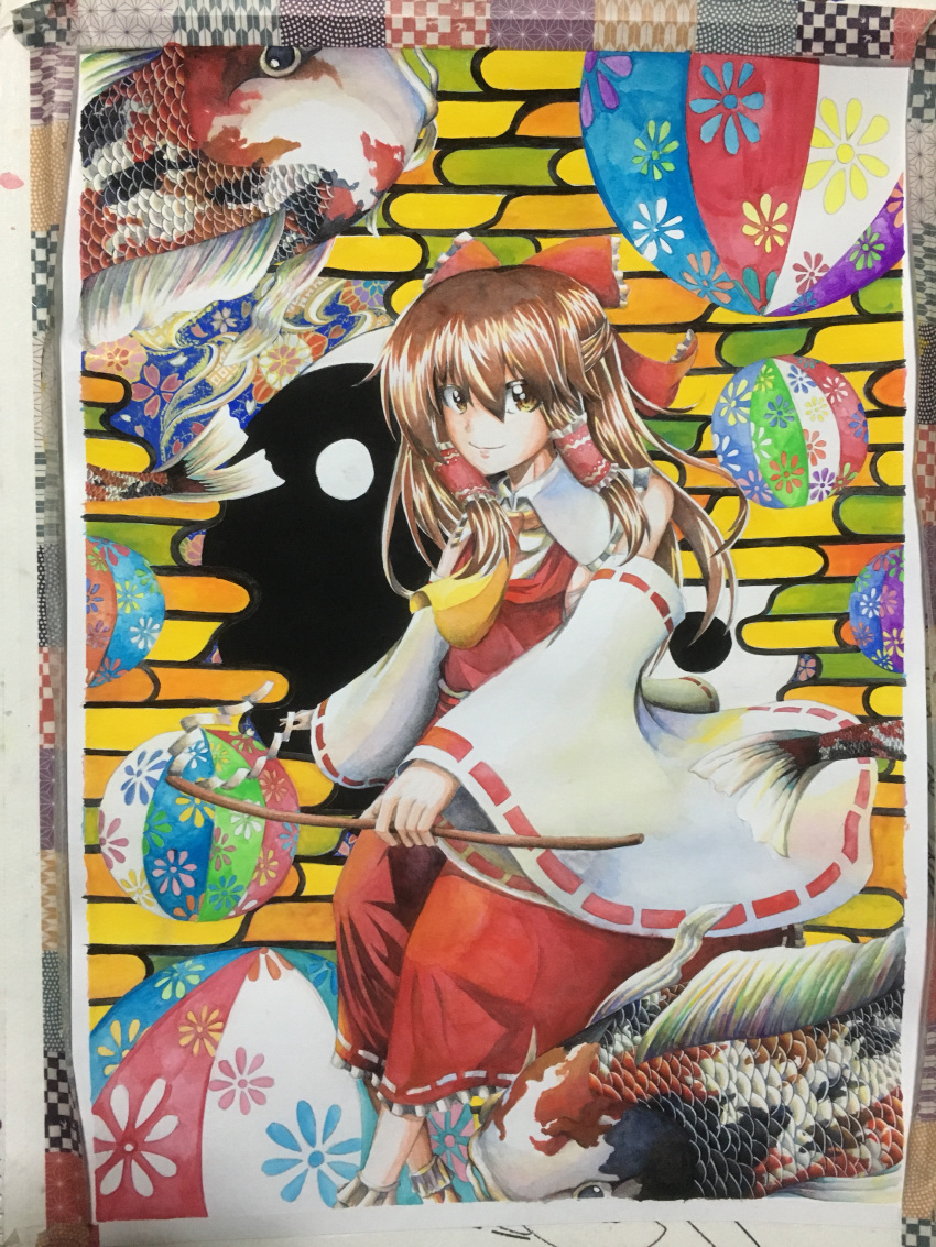 1girl 283win absurdres acrylic_paint_(medium) ascot bow brown_eyes brown_hair closed_mouth commentary_request detached_sleeves fish gohei hair_bow hair_tubes hakurei_reimu highres koi painting_(medium) photo_(medium) red_bow red_skirt ribbon-trimmed_skirt ribbon-trimmed_sleeves ribbon_trim shide shikishi skirt smile solo touhou traditional_media wide_sleeves yellow_ascot