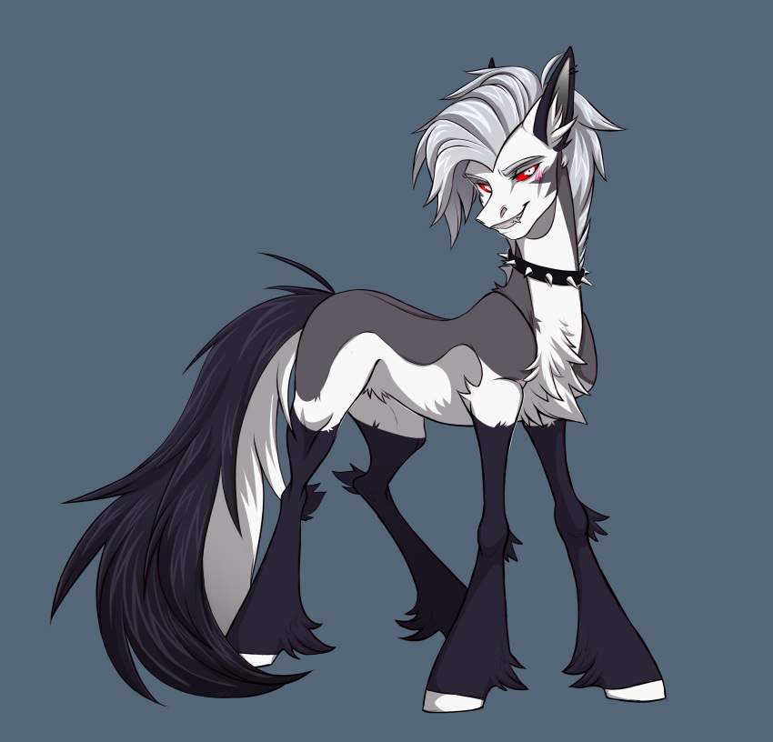 2023 absurd_res blush blush_lines clenched_teeth collar crossover demon digital_media_(artwork) ear_piercing ear_ring earth_pony equid equine eyebrow_piercing eyebrows facial_piercing fangs feral fluffy fluffy_tail fur grey_body grey_fur grey_hair hair hasbro helluva_boss hi_res horse inner_ear_fluff lambibelle leg_markings long_hair long_tail looking_at_viewer loona_(helluva_boss) male mammal mane mane_hair markings multicolored_body multicolored_fur my_little_pony narrowed_eyes piercing ponification pony red_sclera ring_piercing signature simple_background socks_(marking) solo spiked_collar spikes standing tail teeth tuft two_tone_body two_tone_fur white_body white_fur