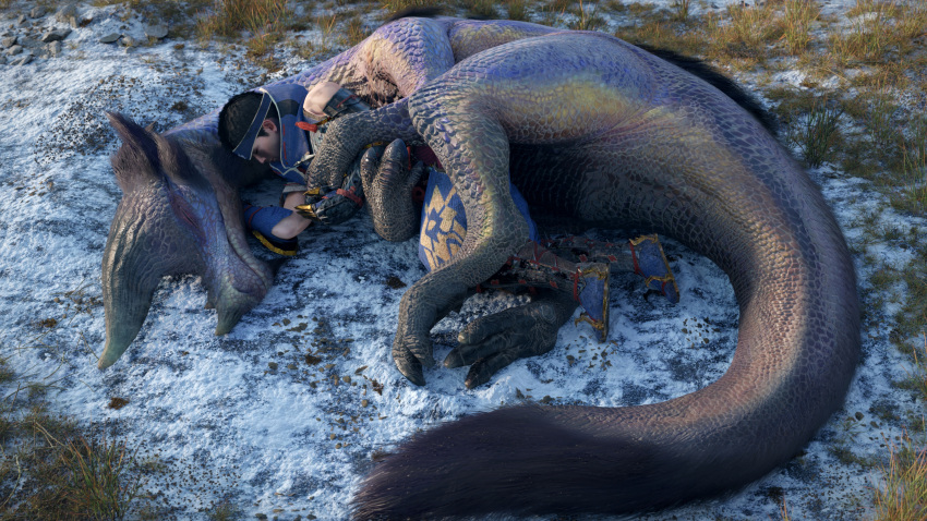 16:9 2021 3d_(artwork) 4k absurd_res accessory ambiguous_gender armor baggi bird_wyvern black_body black_fur black_hair black_scales blue_body blue_scales capcom claws clothed clothing cuddling detailed_background digital_media_(artwork) digitigrade dinosaur duo embrace eyes_closed feral finger_claws fully_clothed fur grass hair hand_on_head head_tuft headband hi_res horn hug human ivorylagiacrus larger_ambiguous larger_feral long_tail lying male male/ambiguous male_(lore) mammal monster_hunter multicolored_body multicolored_fur on_side outside plant reptile rock scales scalie shaded short_hair size_difference sleeping sleeping_together smaller_human smaller_male snow spooning tail tail_tuft theropod toe_claws tuft widescreen yellow_body yellow_scales