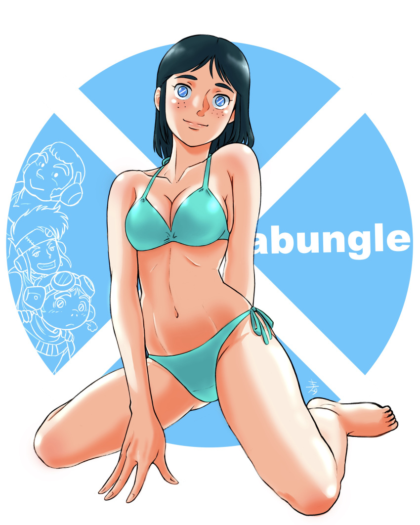 1girl 3boys absurdres aobito_sukoyaka_bystander barefoot bikini black_hair blue_background blue_bikini blue_eyes breasts burume copyright_name dyke_(xabungle) freckles highres jiron_amos kneeling looking_at_viewer maria_maria medium_breasts medium_hair multiple_boys navel sentou_mecha_xabungle side-tie_bikini_bottom smile swimsuit white_background