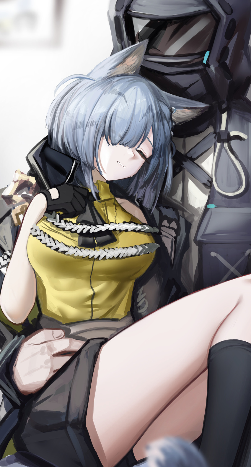 1girl 1other absurdres animal_ear_fluff animal_ears arknights bare_shoulders black_gloves black_jacket black_shorts black_socks blurry blurry_background breasts carrying closed_eyes collared_shirt crying delphine_(arknights) depth_of_field doctor_(arknights) feet_out_of_frame gloves grey_hair hair_over_one_eye hand_up highres hood hood_up hooded_jacket indoors jacket medium_breasts nopetroto open_clothes open_jacket princess_carry shirt short_shorts shorts smile socks tears white_shirt yellow_shirt