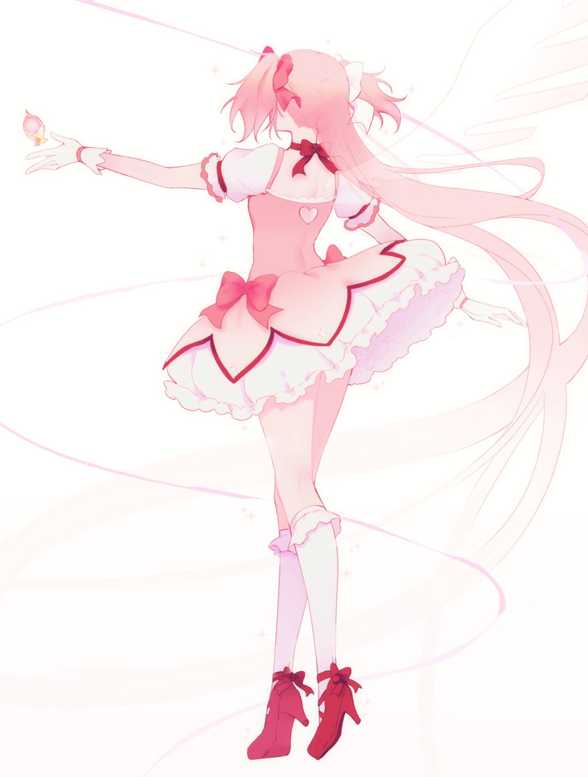 1girl absurdly_long_hair ankle_ribbon ankle_strap arm_at_side back_cutout bobby_socks bow bubble_skirt choker clothing_cutout dual_persona facing_away floating_hair frilled_skirt frilled_sleeves frills from_behind full_body fusion gloves hair_ribbon heart_cutout high_heels highres kaname_madoka leg_ribbon legs_together long_hair mahou_shoujo_madoka_magica mahou_shoujo_madoka_magica_(anime) median_furrow nape narrow_waist outstretched_hand pale_color pastel_colors pink_bow pink_hair pink_ribbon pink_theme pink_wings puffy_short_sleeves puffy_sleeves pumps red_choker red_footwear red_ribbon ribbon ribbon_choker shoes short_sleeves simple_background single_wing skirt socks solo soul_gem sparkle straight_hair transparent_wings two_side_up ultimate_madoka uzuilerio very_long_hair waist_bow white_background white_gloves white_ribbon white_skirt white_socks wings