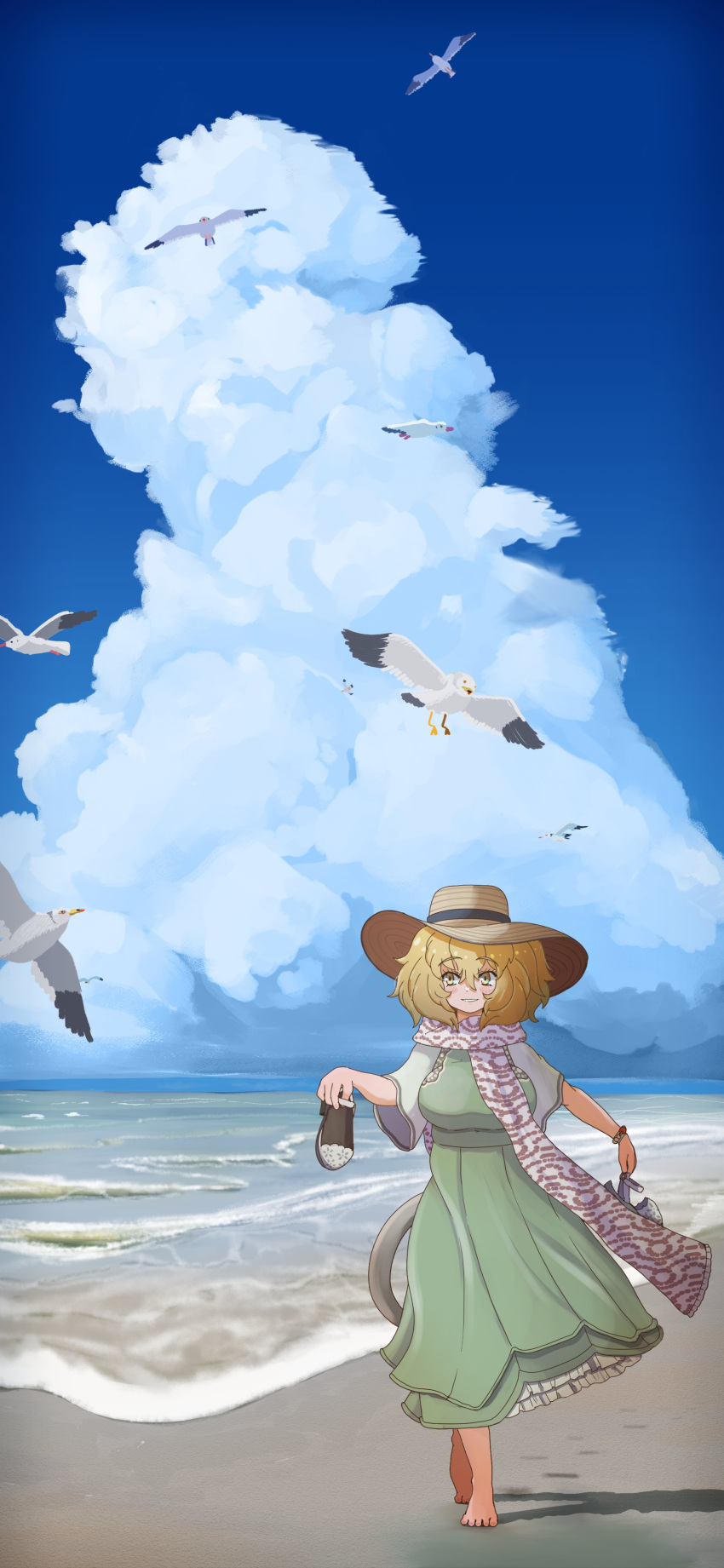 1girl absurdres alternate_costume animal barefoot beach big_hair bird blonde_hair blue_sky cloud day dress full_body green_dress hair_between_eyes hat highres holding holding_clothes holding_footwear horizon jewelry kemono_friends lion_(kemono_friends) lion_tail looking_at_another ocean ookii_yama outdoors parted_lips sand scarf seagull sky smile sun_hat tail toes walking water yellow_eyes