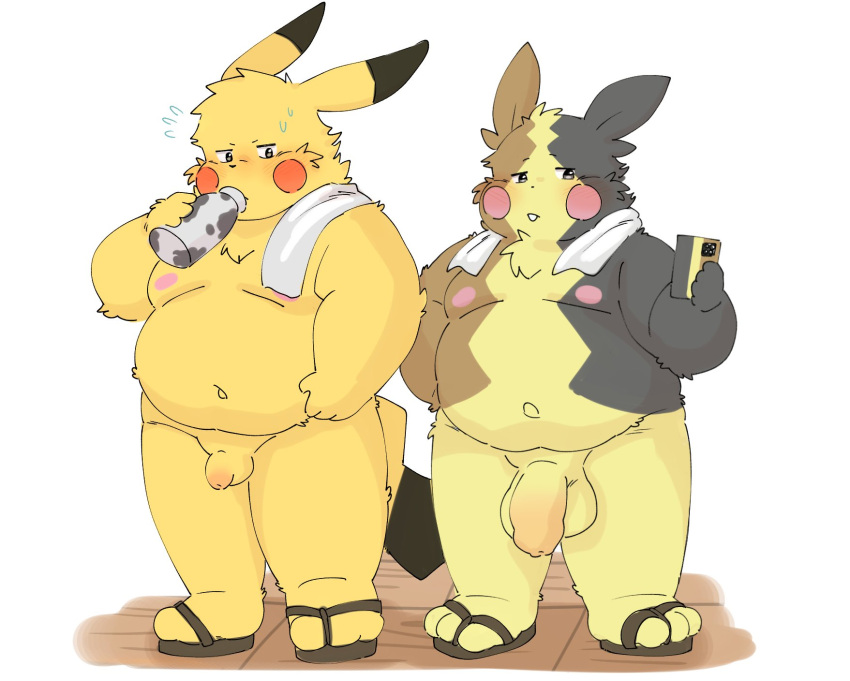 2023 anthro balls big_penis blush clothing dragon_night800 drinking duo flaccid footwear generation_1_pokemon genitals hi_res kemono male moobs navel nintendo nipples overweight overweight_male penis penis_size_difference pikachu pokemon pokemon_(species) sandals small_penis towel towel_around_neck towel_on_shoulder yellow_body