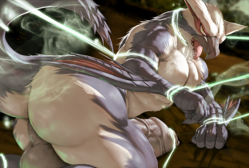 anthro balls bdsm big_balls big_butt big_penis bondage bound butt capcom flying_wyvern genitals hi_res huge_balls huge_penis hyper hyper_genitalia hyper_penis looking_at_viewer lying male monster_hunter muscular muscular_anthro muscular_male nargacuga nude on_side open_mouth penis solo tongue tongue_out vein veiny_penis white_body zex