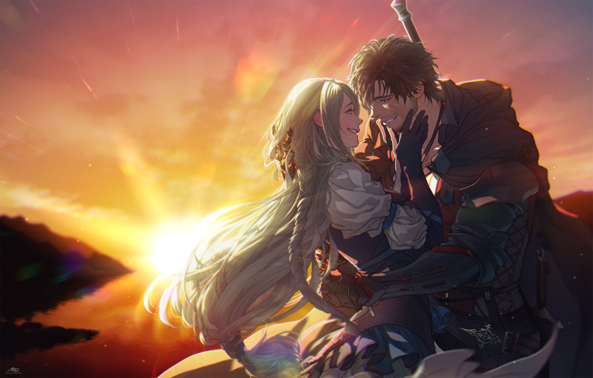 1boy 1girl armor beard braid cape clive_rosfield couple facial_hair final_fantasy final_fantasy_xvi gloves happy highres hug jill_warrick long_hair low-tied_long_hair salmone_blue scar scar_on_face single_braid single_glove smile sunrise sword sword_on_back weapon weapon_on_back