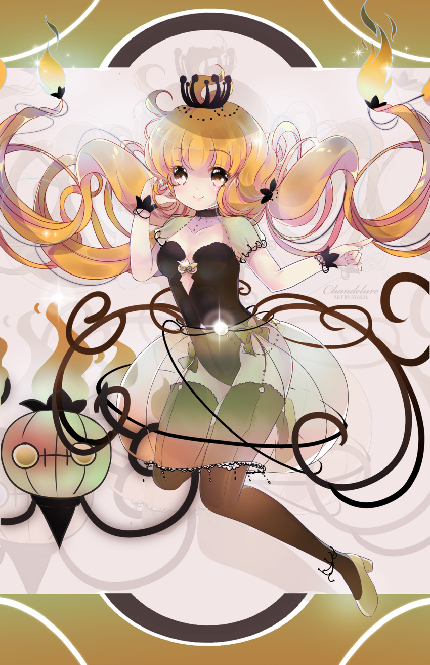 1girl ahoge alternate_color artist_name ayasal black_choker black_leotard black_thighhighs black_wrist_cuffs blush bow breasts bubble_skirt chandelier chandelure choker closed_mouth collarbone commentary crossed_bangs crown dot_nose english_commentary eyelashes fingernails fire flame floating floating_hair full_body green_bow green_nails green_sleeves hand_on_own_ear high_heels highres jewelry leotard long_hair looking_at_viewer low_twintails medium_breasts midair orange_eyes orange_fire orange_hair orange_skirt personification pointing pointing_to_the_side pokemon pokemon_(creature) pokemon_(game) pokemon_bw see-through see-through_skirt shiny_pokemon short_sleeves skirt smile solo sparkle thighhighs twintails very_long_hair yellow_footwear