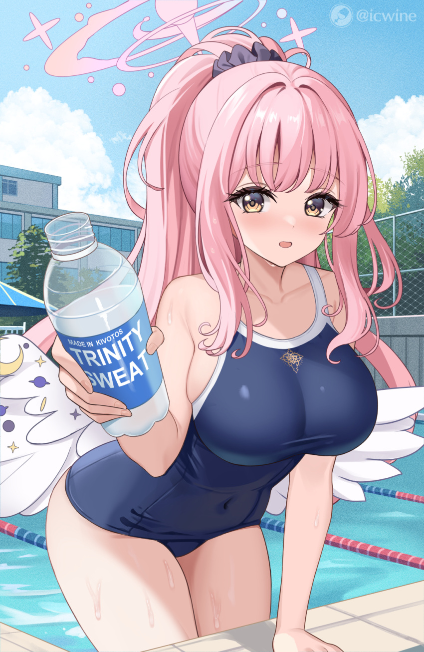 1girl blue_archive blue_sky breasts building covered_navel foreshortening halo highres icwine large_breasts long_hair low_wings mika_(blue_archive) one-piece_swimsuit open_mouth pink_hair pink_halo ponytail pool poolside sky solo swimsuit thighs white_wings wings yellow_eyes