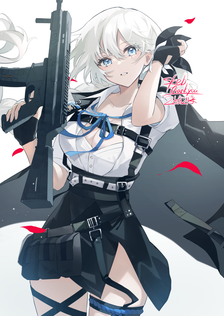 1girl absurdres apc556_(girls'_frontline) b&amp;t_apc556 belt belt_pouch black_skirt blue_eyes breasts chest_harness cleavage collarbone commentary_request commission falling_petals girls'_frontline gun hair_between_eyes harness highres holding holding_gun holding_weapon jacket jacket_on_shoulders komegoma505 large_breasts long_hair looking_at_viewer open_clothes open_shirt parted_lips petals ponytail pouch side_slit signature simple_background skeb_commission skirt solo thigh_strap weapon white_background white_hair