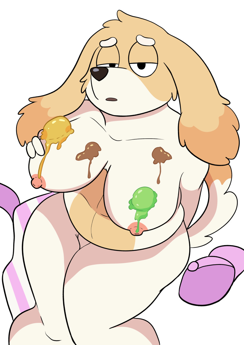 absurd_res anthro bluey_(series) canid canine dessert female food food_fetish food_play hi_res ice_cream ice_cream_on_breasts looking_at_viewer mammal reddoshirousagi06 solo wide_hips