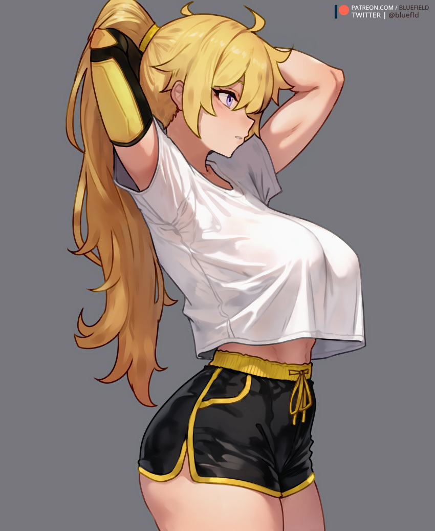 1girl absurdres ahoge blonde_hair bluefield breasts commentary cowboy_shot english_commentary grey_background highres large_breasts long_hair mechanical_arms patreon_logo patreon_username ponytail rwby short_sleeves shorts simple_background single_mechanical_arm solo twitter_username yang_xiao_long