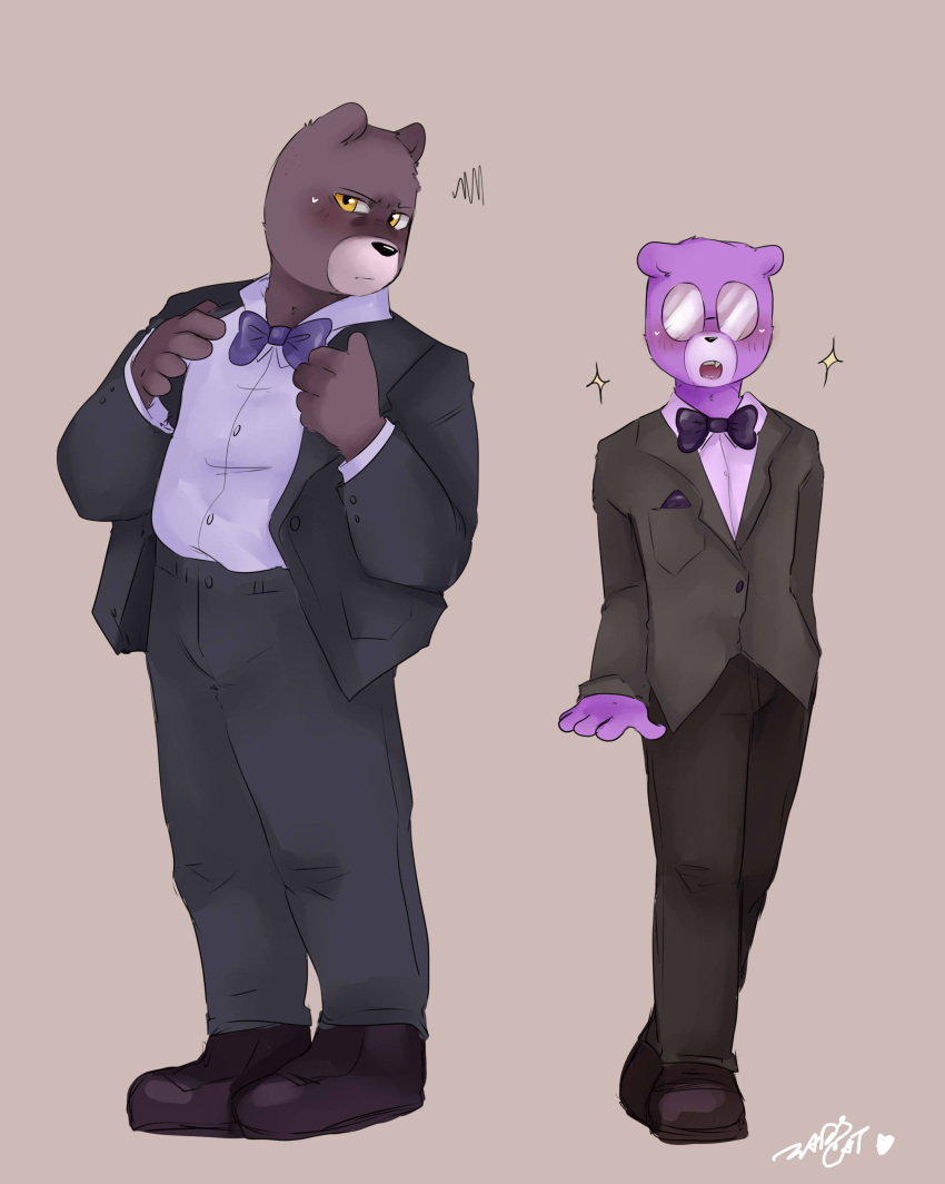 2023 absurd_res anthro bear black_nose blush bottomwear bow_tie brown_body clothing duo eyewear glasses hi_res humanoid_hands male mammal padre_(unicorn_wars) pants purple_body sargento_caricias shirt simple_background suit topwear unicorn_wars zadscat